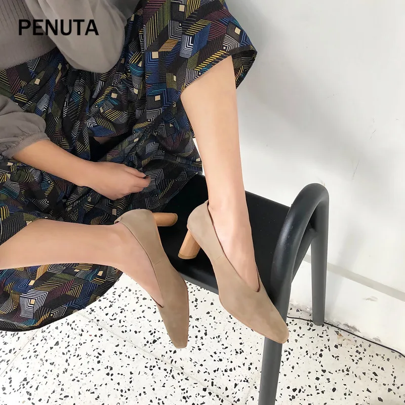 PENUTA/; замшевые туфли; женские туфли-лодочки на среднем каблуке с v-образным вырезом; высококачественные туфли для женщин; Новинка; PG912