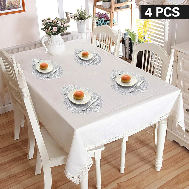 

UPORS 4Pcs/Set Leaf Placemat Hollowed-Out Coaster Set Heat Insulation Pad Mat Non-Slip Washable PVC Table Mats for Dining Table