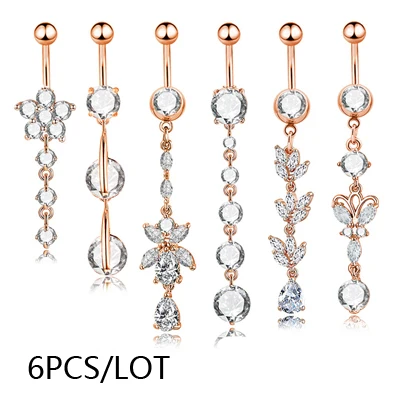 rose gold 6 шт./компл. с украшением в виде кристаллов Нержавеющая сталь серьга, пирсинг для ногтей Кольца для пупка украшения для пирсинга ювелирные изделия оптом для женщин - Окраска металла: rose gold