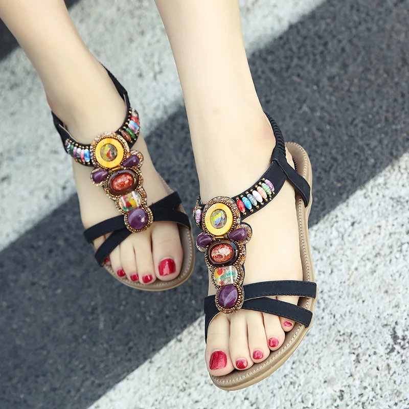 Summer Sandals For Women Black Slip On Shoes Woman Sandalie Leisure String Bead Flat Casual Big Size 45 | Обувь