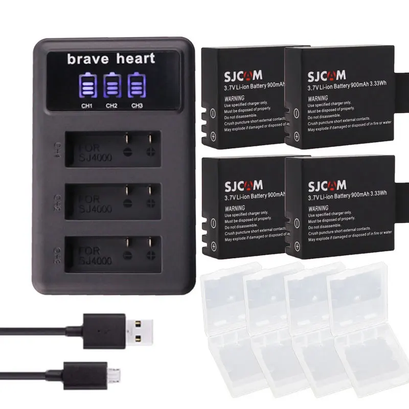 charger and 4battery 4X SJCAM Sj4000 Батарея+ 3 лота ЖК-дисплей Зарядное устройство для спортивной экшн-камеры SJCAM SJ4000 SJ5000 SJ6000 SJ8000 eken 4K H8 H9 GIT-LB101 GIT PG900 1050 SJ M10 - Цвет: charger and 4battery