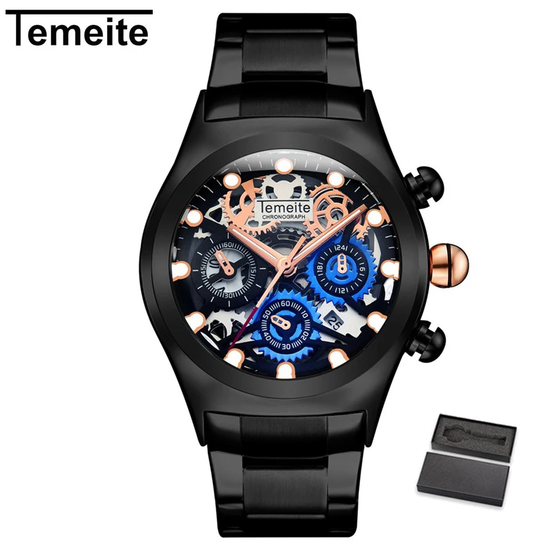 TEMEITE 5 with box Relogio TEMEITE Мужские часы Роскошные модные золотые кварцевые часы бизнес полностью Стальные наручные часы водонепроницаемые мужские часы - Цвет: TEMEITE 5 with box