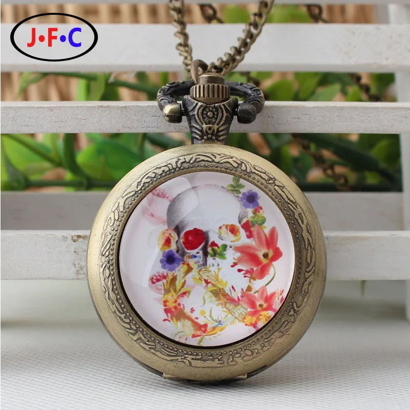 2017 новый цветок череп патч карманные часы классический старый бронзовый