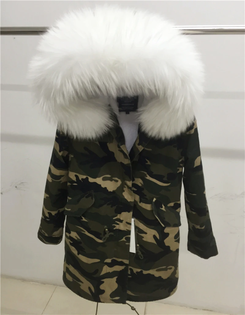 Мех Любовь Женщины Зима Camo Parka большой енота меховым воротником куртка с