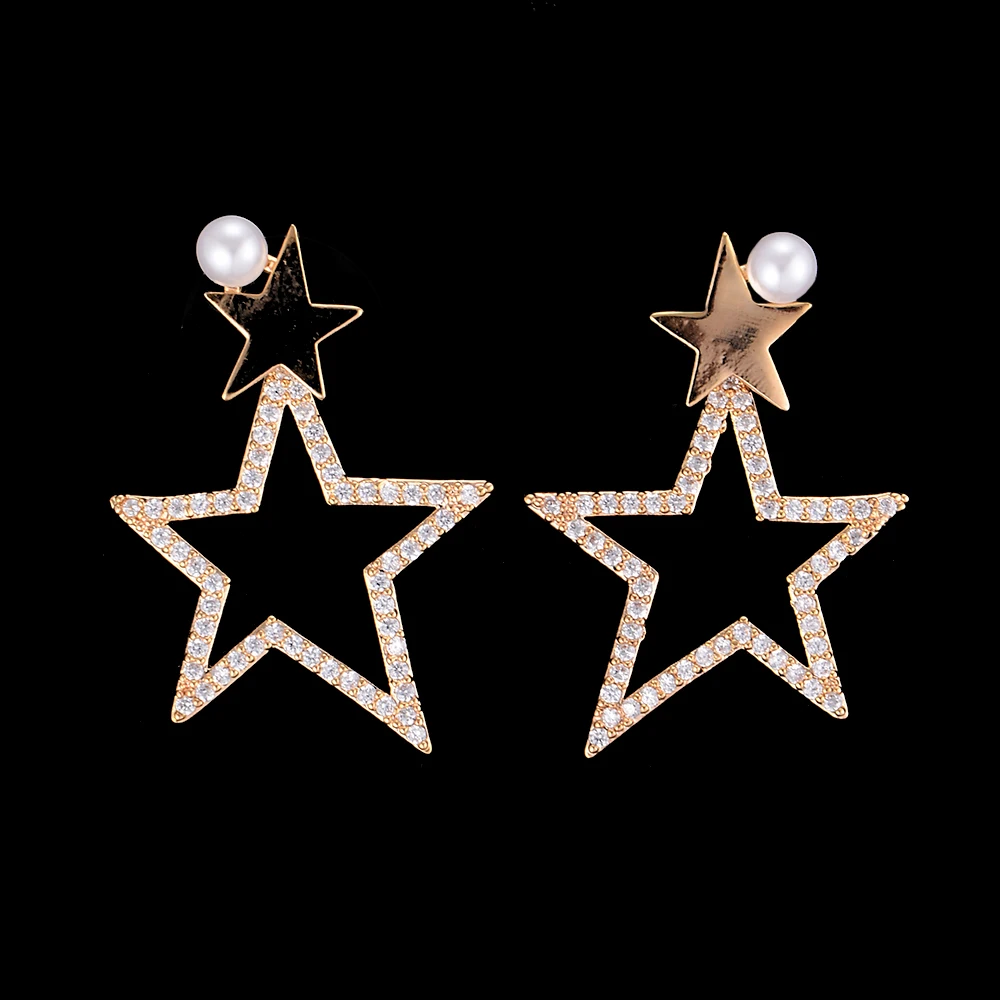 Блестящие пятиконечные полые асимметричные серьги подвески с фианитом для