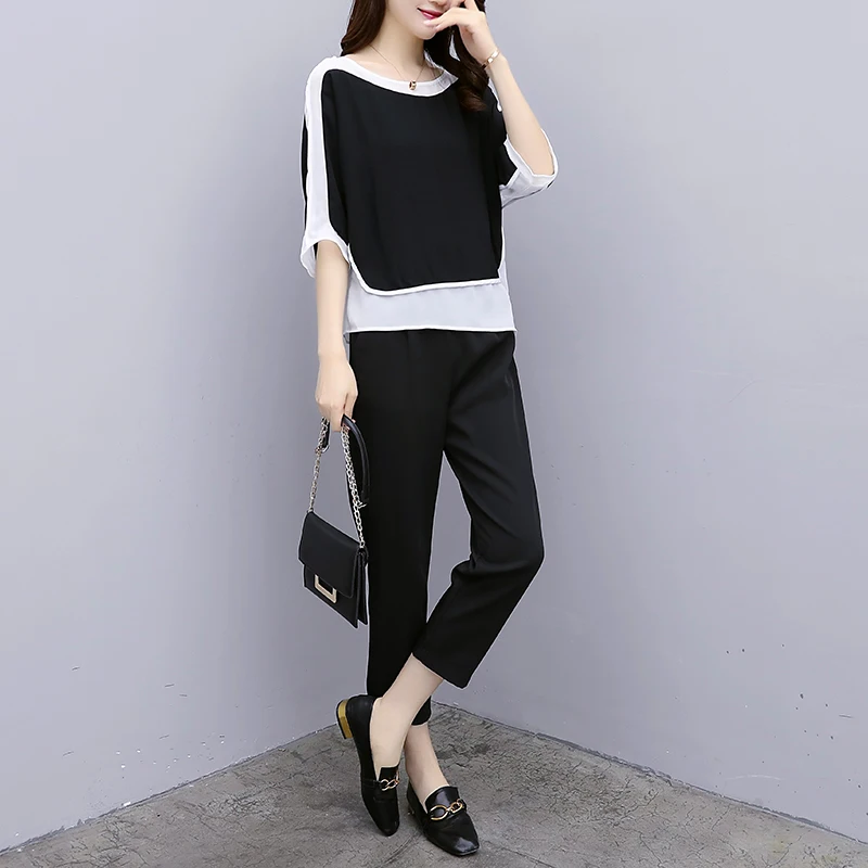 Летние женские комплекты повседневные свободные шифоновые блузки пуловер Топ