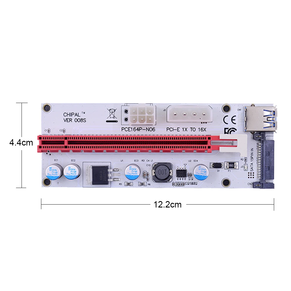 CHIPAL VER008S 30CM for Bitcoin Litecoin Miner PCI-E Riser Card with 4pin 6pin SATA 3in1 Molex Power PCIe 1X to 16X Extender |
