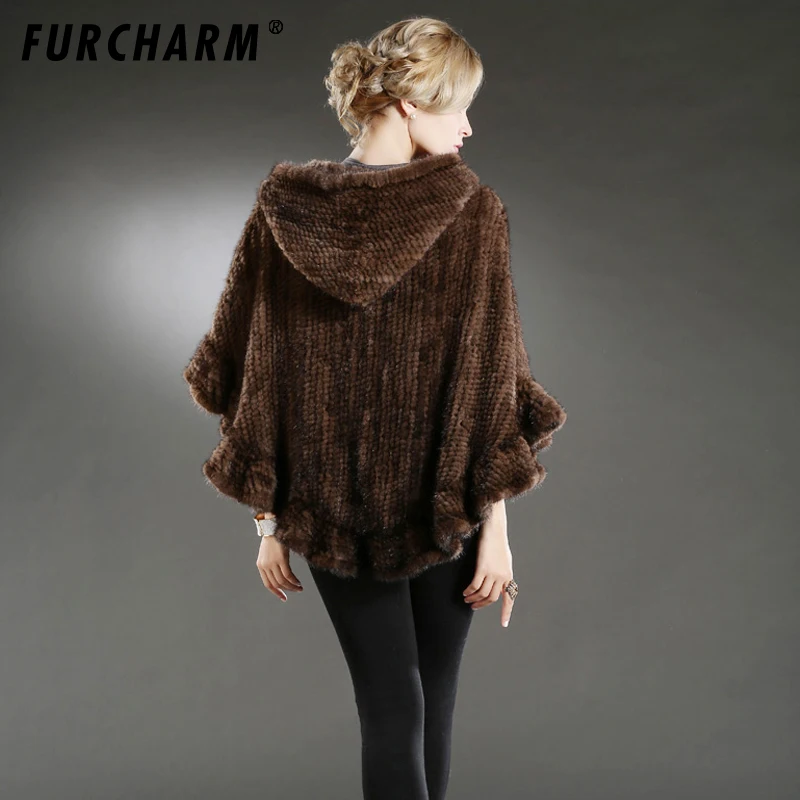 Новинка 2019 натуральная Вязаная Шаль из меха норки пончо с отделкой лисы куртка