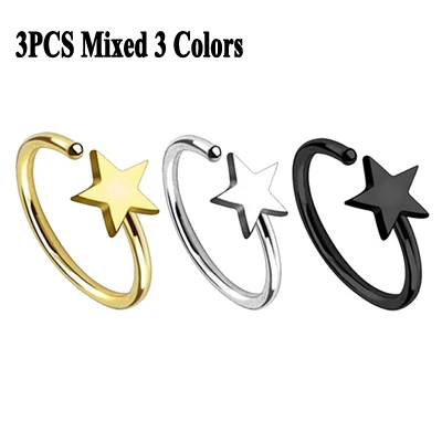 3Pcs Mixed Color BOG-3PCS хирургическая сталь Черный& Серебряный& Золотой звезда Нос кольцо обручи уха хряща открытый обруч ювелирные изделия кольцо для пирсинга серьги для женщин - Окраска металла: 3Pcs Mixed Color