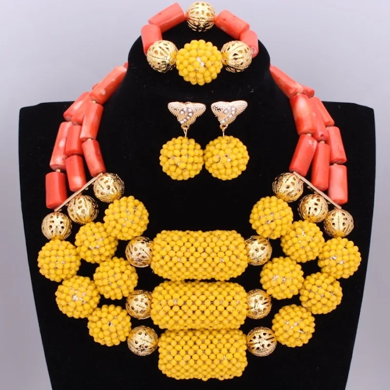 Orange Coral Beads Jewelry Sets Balls Dubai Gold sets For Women 2018 Free Shipping pieces Necklace Bracelet Earrings | Украшения и