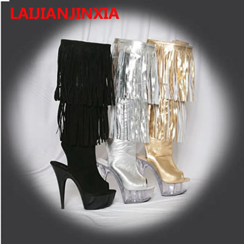 LAIJIANJINXIA Ultra-Leather Party Open Toe 15cm High Heels Sexy Women Boots Tassel Dancing Shoes Knee Boots Dance shoes B-079