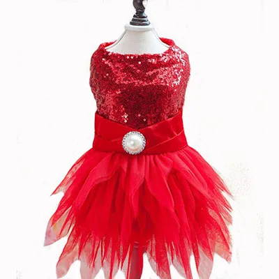 Red Dog Dress Summer Net Tutu Sequin Skirt Pet Spring Chihuahua Cat Party Wedding Stage Red Costume Ropa Gato S-XXL DOGGYZSTYLE - Цвет: Red