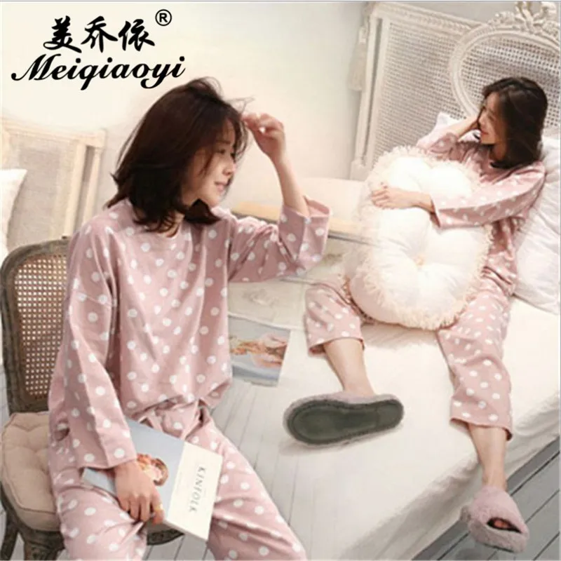 2018 spring New style Women Round Neck Polka Dot sleepwear long sleeve trousers pajamas sets Lovely home clothe Leisure wear | Женская