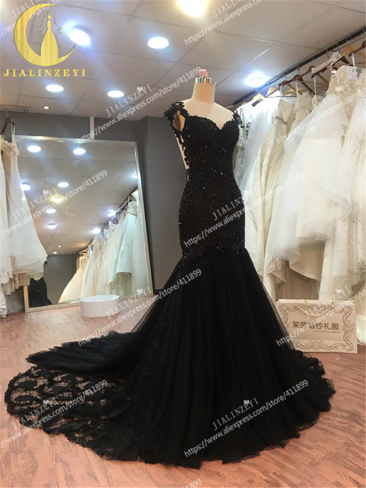 Rhine Real Sample Image Black Lace with Crystal Mermaid Sexy Backless High Quality Gown Party Dresses Evening Dresses