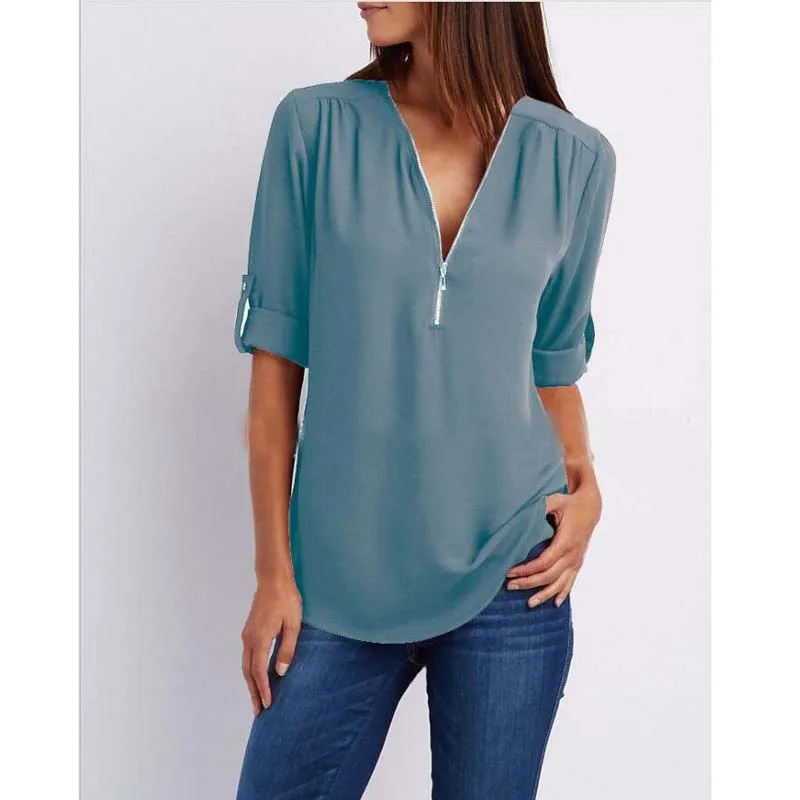 Blusas mujer de moda, рубашка с длинным рукавом и v-образным вырезом, Элегантная блузка, шифоновая Женская Коллекция nouvelle, с украшением на молнии