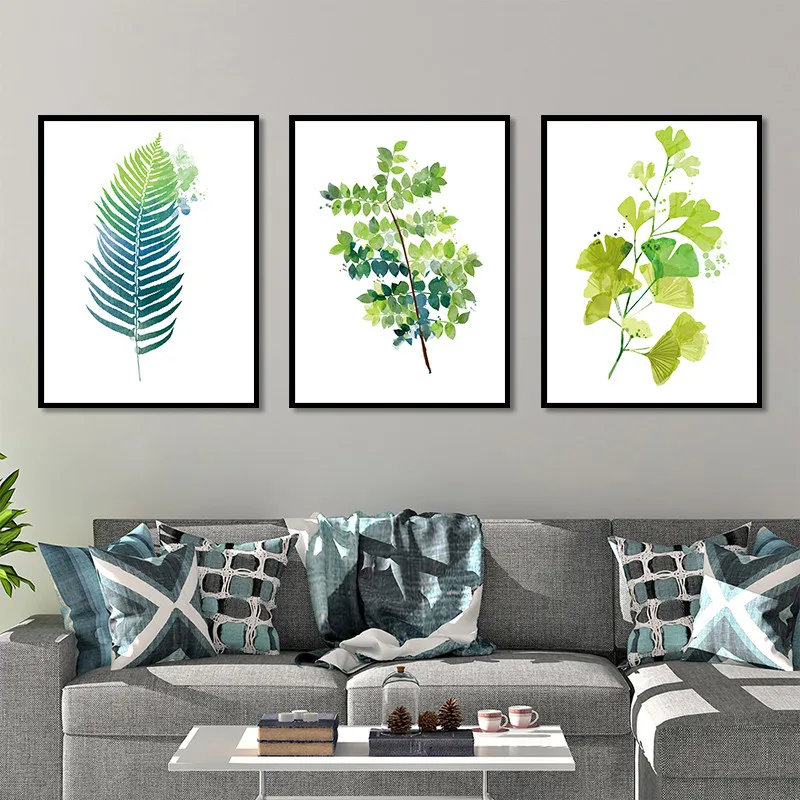 Фотообои в скандинавском стиле с синими и зелеными листьями длинная полоса