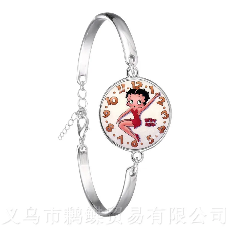 

18mm Round Glass Cabochon Betty Boop Pattern Charm Bracelet For Friends Silver Plated Bangle For Women Men Creative Gifts