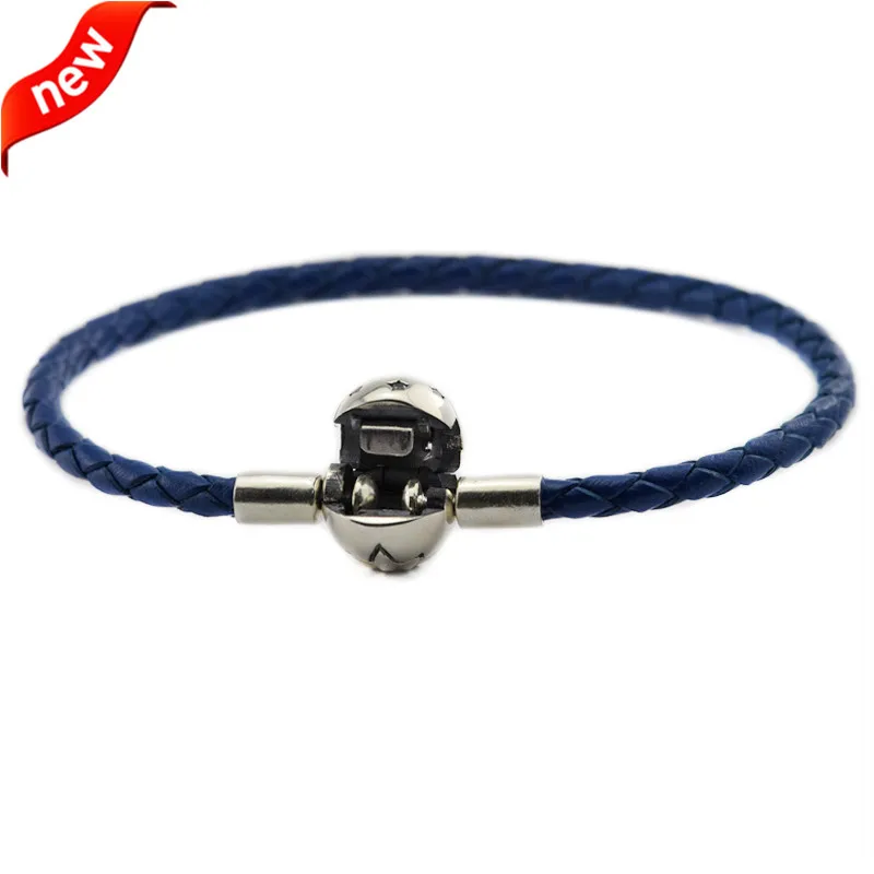 Женский кожаный браслет с бусинами шармами темно синий из серебра 925 пробы