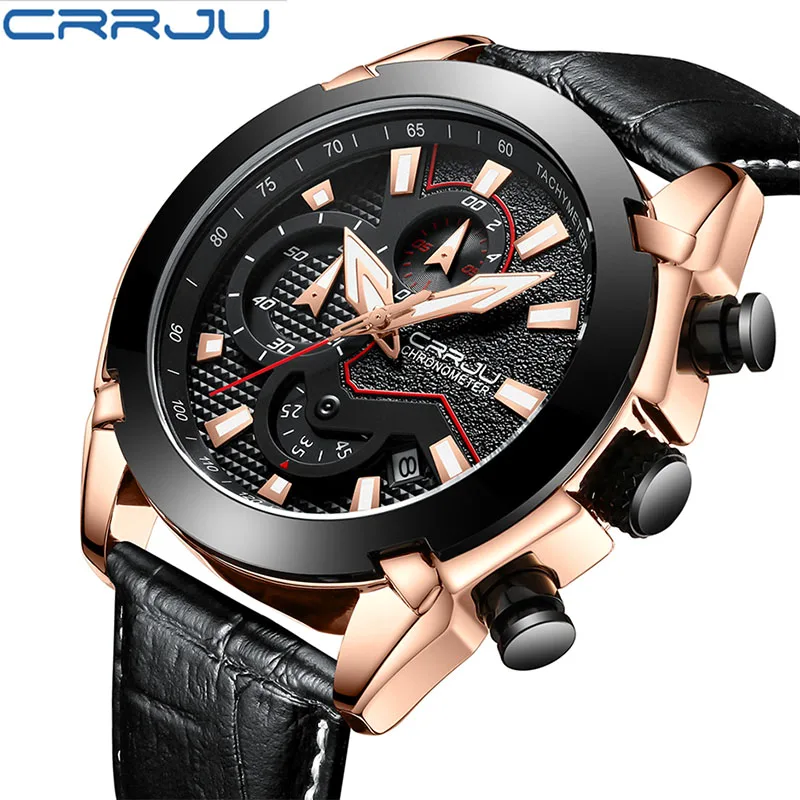 

Top Luxury Brand CRRJU Men's Chronograph Analog Quartz Wristswatch With Date Luminous Hands Waterproof Leather Strap Dress watch