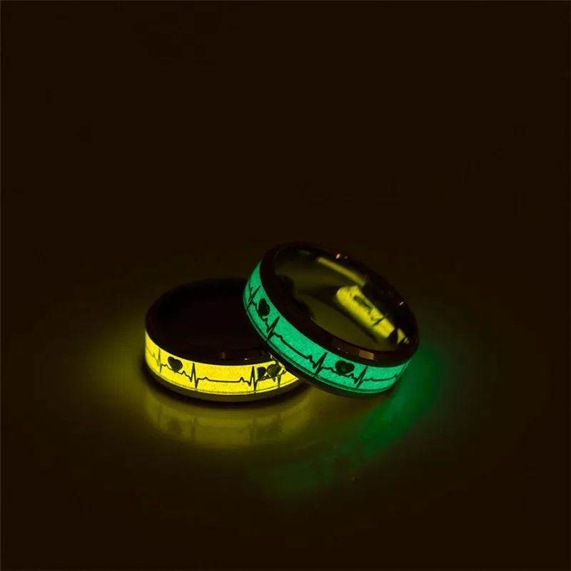 

Glowing Luminous Heart Electrocardiogram Rings Stainless Steel Glow in the Dark Wave Love Ring Female Male Wedding Aneis Jewelry