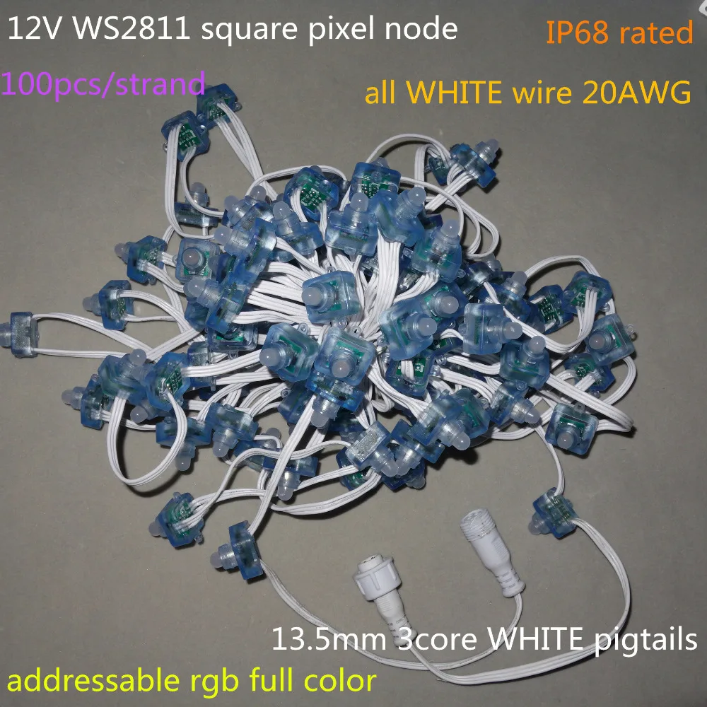 

100pcs/set square DC12V addressable WS2811 led smart pixel node,RGB full color;all WHITE 20AWG)wire,IP68;with 13.5mm pigtail