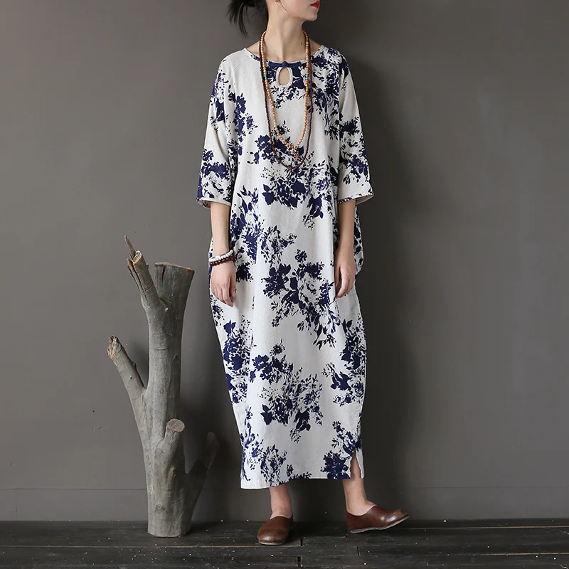 Женское Ретро Чернильное свободное платье с рисунком длинное винтажное 2017