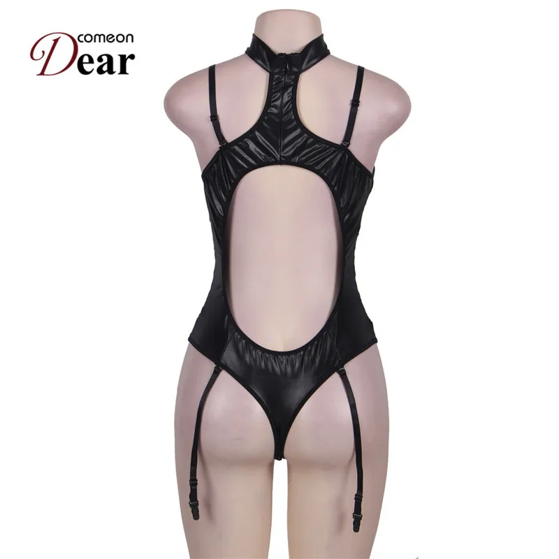 RA80384 Comeondear искусственная кожа Боди для танцев на шесте черный кружево Подвязки Тедди размера плюс белье сексуальный латексный Мишка ночной клуб