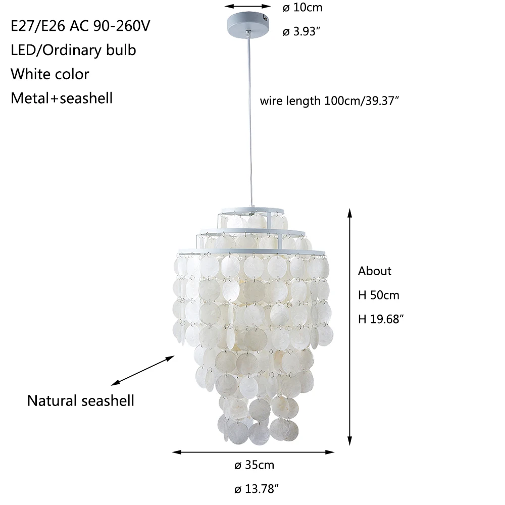 Lámpara colgante de concha natural para loft, 3 tipos de luces, accesorio E27, para cocina, sala de estar y dormitorio