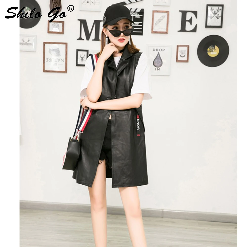 Streetwear Leather Vest Women Summer Casual Sleeveless Single Breasted Sheepskin Genuine Long Side Pocket Vests |