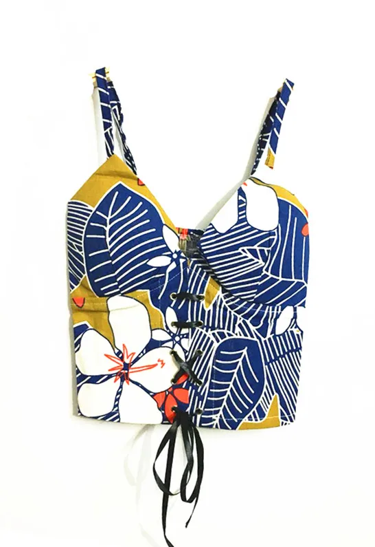 Блузка в горошек с синими цветами весна лето бюстье короткий топ сексуальная