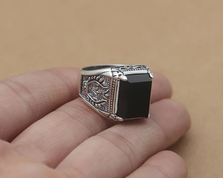 Кольцо с черным камнем, 925 пробы, серебро, марказит, для мужчин, s, панк, чистый S925, тайское серебро, кольца для мужчин, ювелирное изделие