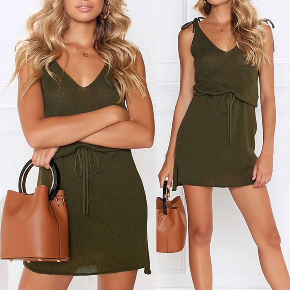 Женское Короткое мини платье на шнуровке свободное пляжное завязках