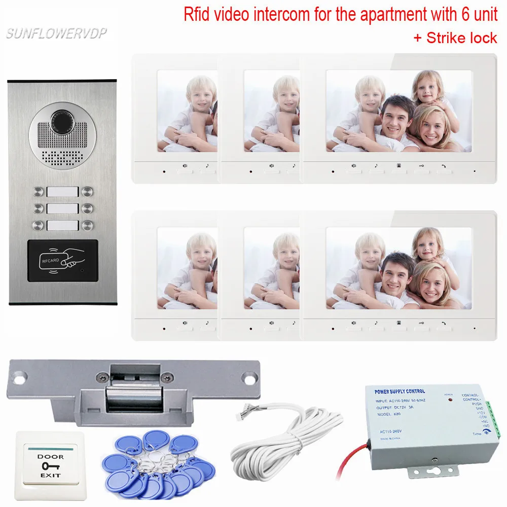 

For 6 Apartment Videodoorphone With Electric Lock And Camera Video On-Door Rfid Ring Video Doorbell 7" Clor Monitors System Unit