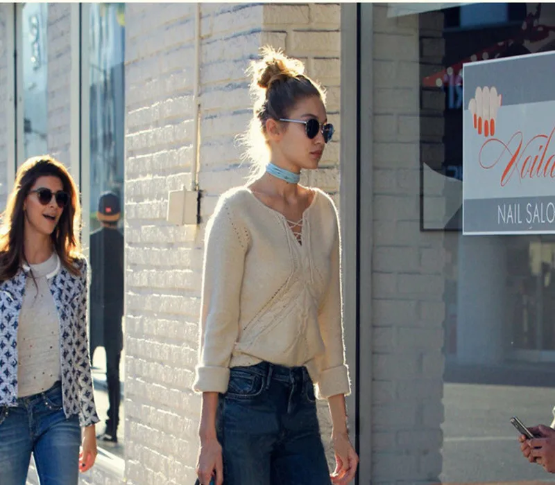 Gigi Lace Up Korea Sweater Women V-neck Winter Solid Cashmer Pullovers Female Fashion Brand Hollow Out Knitted cws0002-5 | Женская