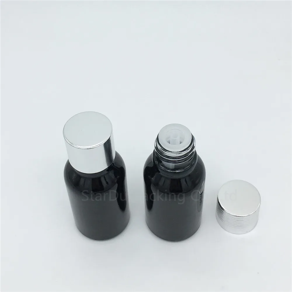 

12pcs 15ML Black Glass Bottle Serum Container 15cc Essential Oil Bottle With Silvery Screw Cap Perfume Bottle