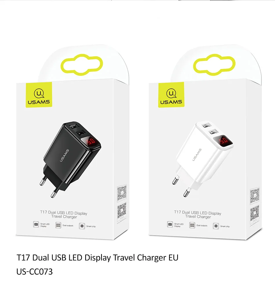 USAMS светодиодный цифровой двойной USB зарядное устройство универсальное EU US Plug 2.1A быстрое зарядное устройство для мобильного телефона настенное зарядное устройство для iPhone X Xiaomi samsung