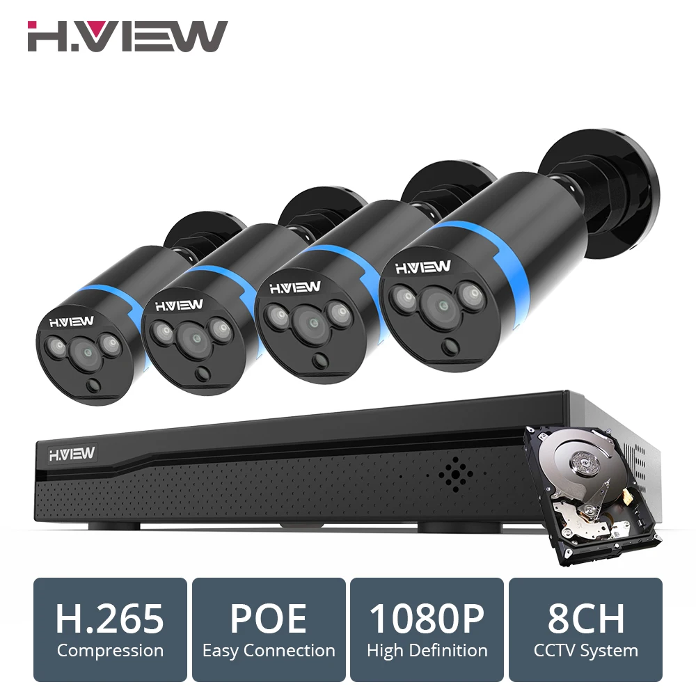 H. VIEW 8ch 1080p CCTV камера системы PoE H.265 4 шт CCTV камера системы 2mp комплект видеонаблюдения PoE 48 В комплект видеонаблюдения