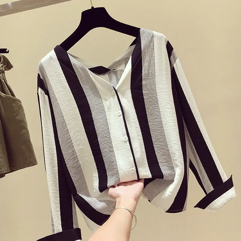 Женская шифоновая блузка в полоску модная с длинным рукавом и v образным вырезом