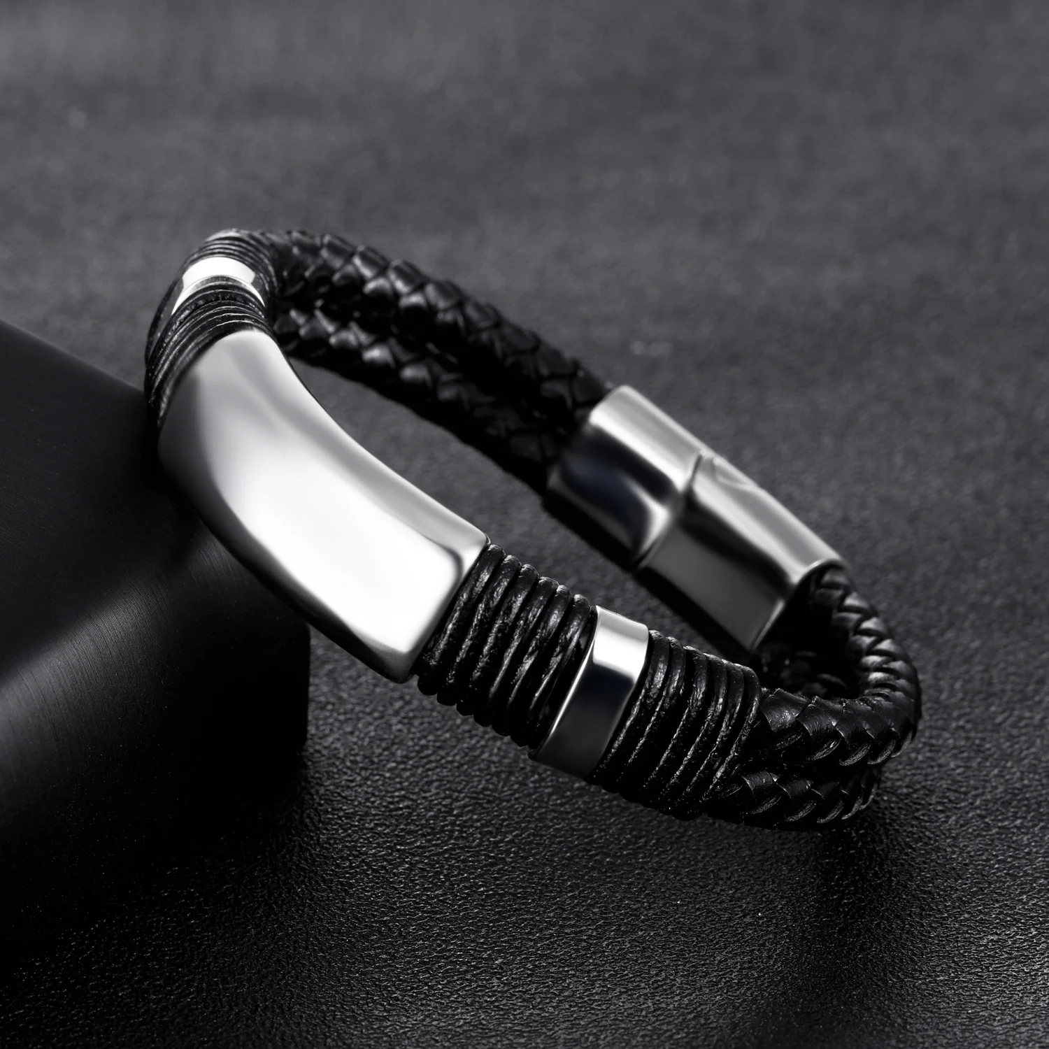 OPK Top Quality Black Leather Bracelet Men 14.5MM Wide Sloppy Braided Weaved Charms Custimized Engraving Jewelry PH1254 | Украшения и