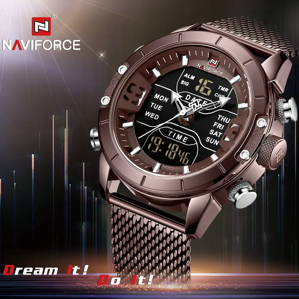 NAVIFORCE Брендовые мужские спортивные часы с двойным временем кварцевые