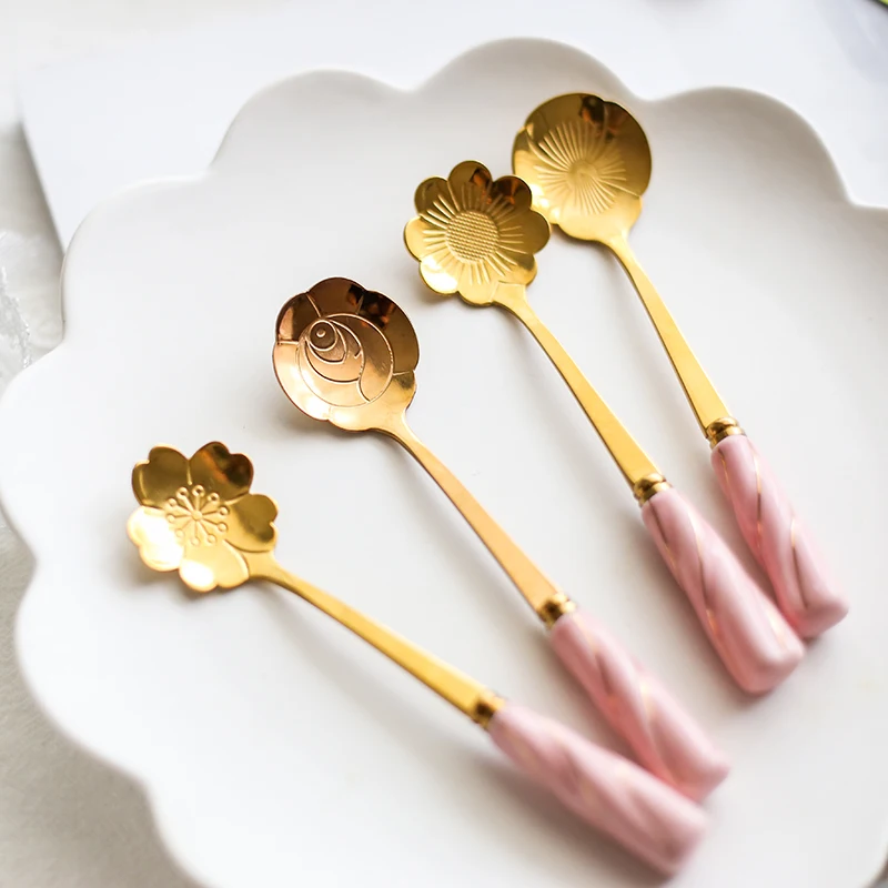 STRUST 4pc set stainless steel luxury gift porcelain coffee stirring spoon gold color teaspoon dessert ice cream cutlery | Дом и сад
