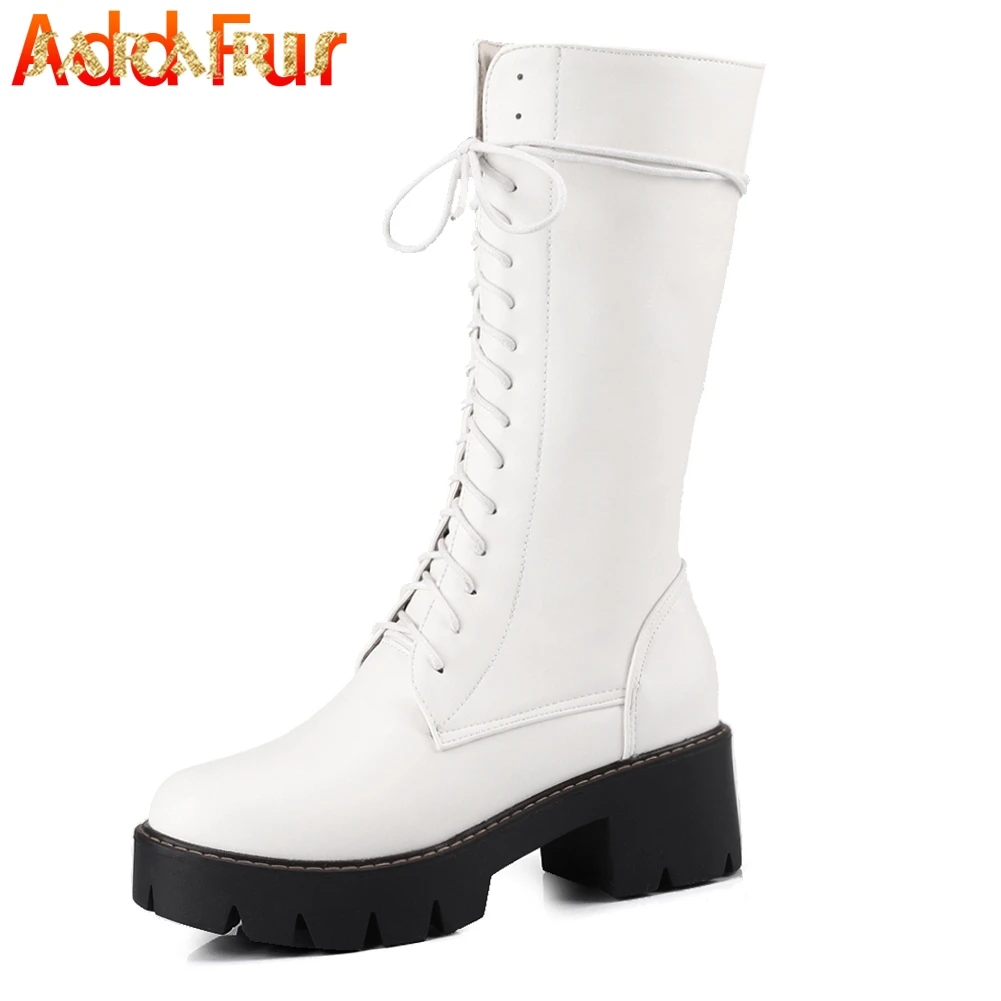 white with fur SARAIRIS/Новые брендовые ботинки до середины икры на молнии, большие размеры 34-43 Женская обувь зимняя обувь на меху, на платформе, с не сужающимся книзу массивным каблуком женские ботинки - Цвет: white with fur