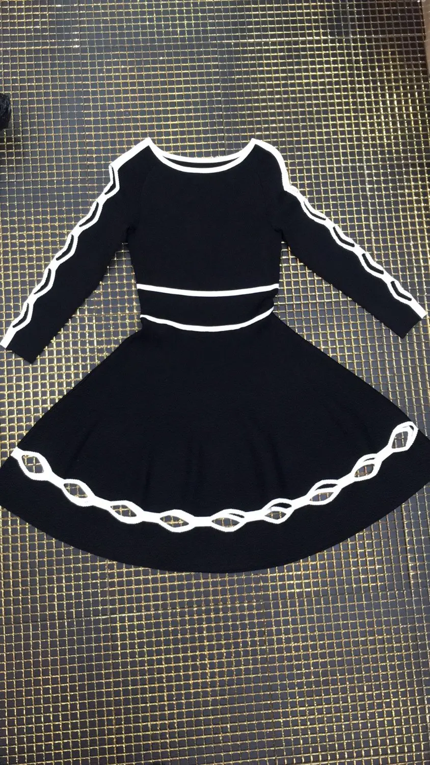 

Long Sleeve Bandage Dress Elegant Women Fashion Evening Party Hollow Out A-Line Black Sexy Dresses