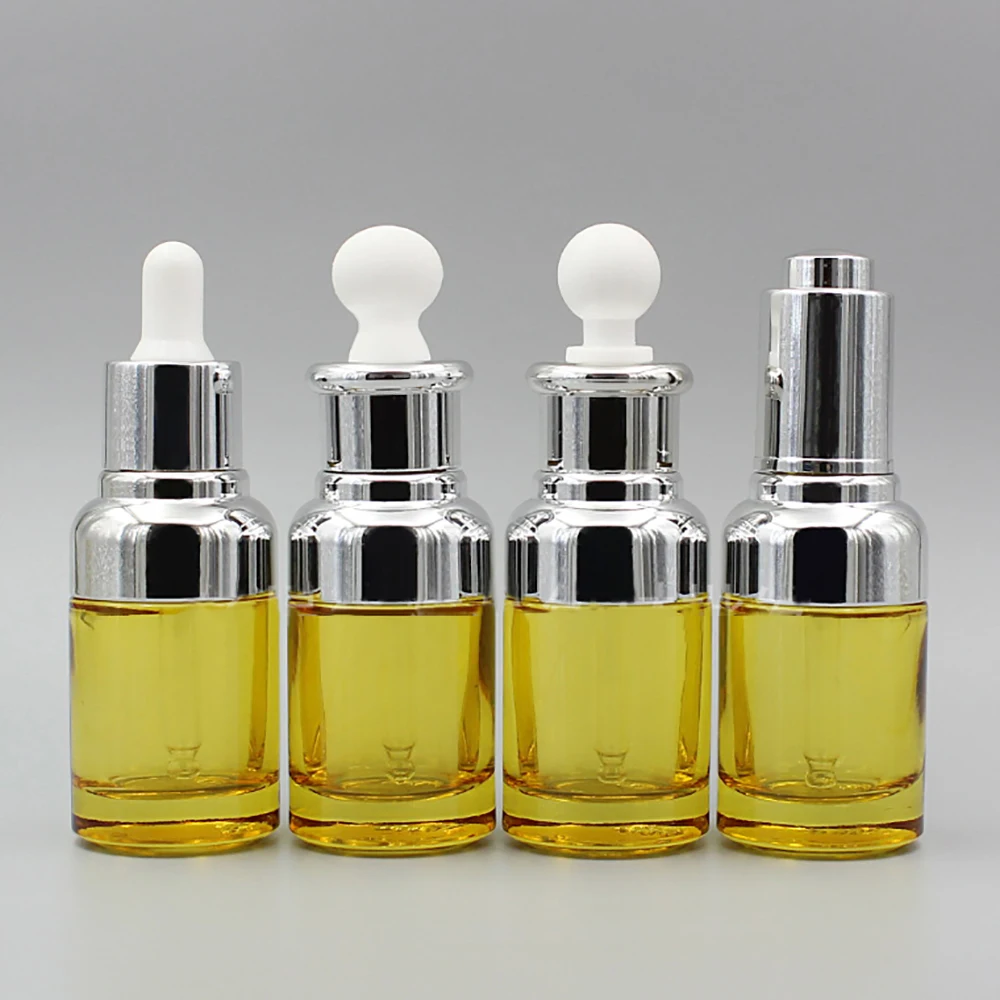 Пустая желтая стеклянная бутылка для масла 30 мл с золотой или серебряной