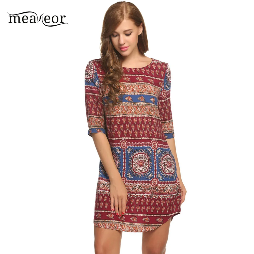 Meaneor Boho Платье женское летнее Открытое платье с принтом Мини Длина О-образным