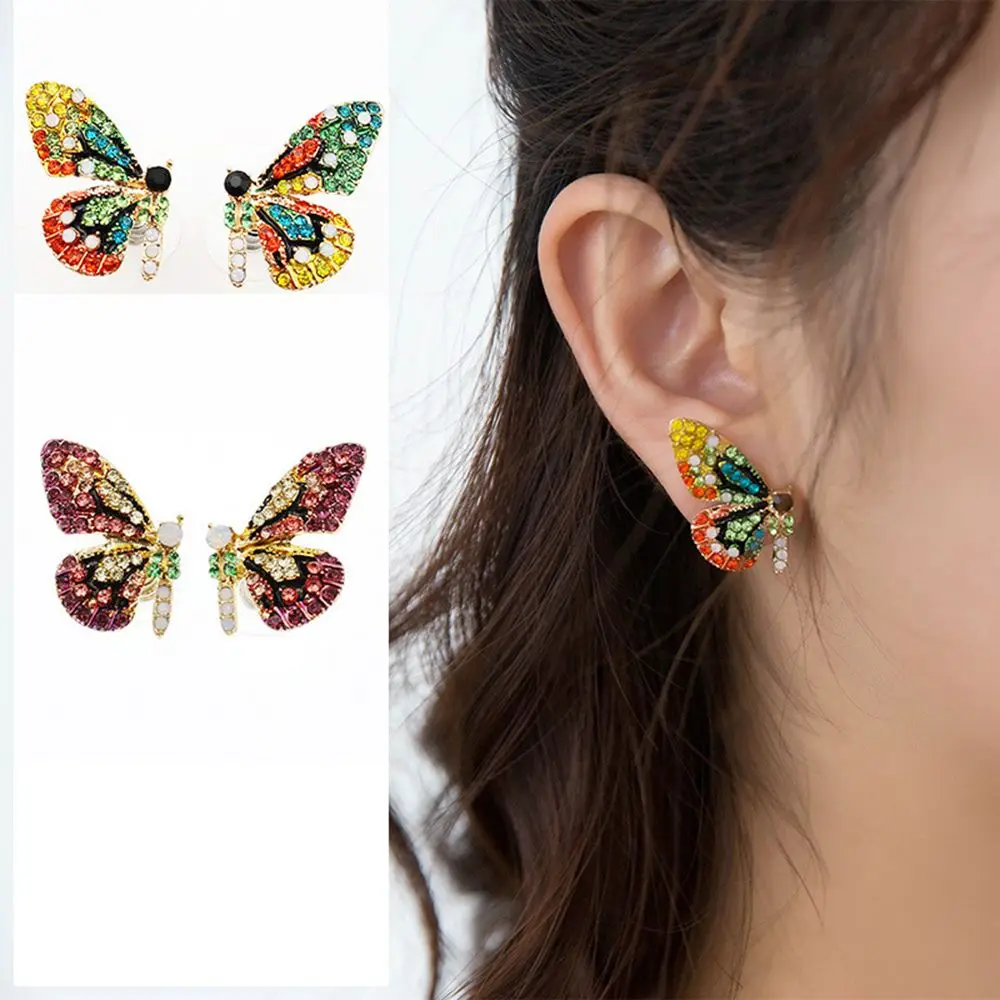 

New Classic Fashion Hollow Shiny Colorful crystal Simulated Pearl Butterfly Stud Earrings For Women Girls Jewelry Accessories