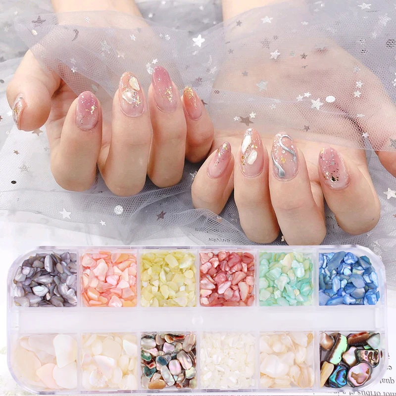 

12 Colors/Box Shell Crushed Stones Gravel Flakes Natural Broken 3D Sparkle Paillettes Design 4Style Nail Stone Strass Decoration