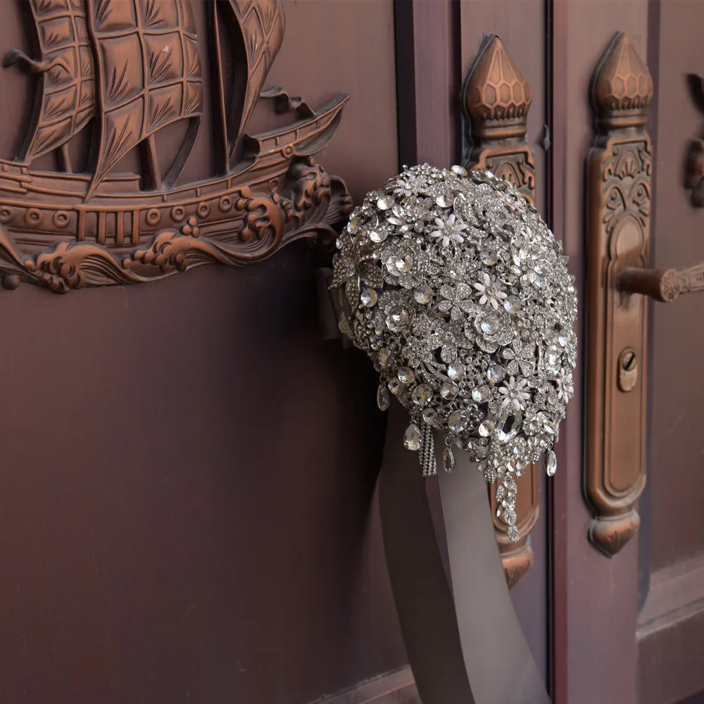

H&S BRIDAL Gray Wedding Bouquet Waterfall Stunning Luxury Rhinestone Crystal Vintage Bridesmaid Bridal Bouquet Women Decoration