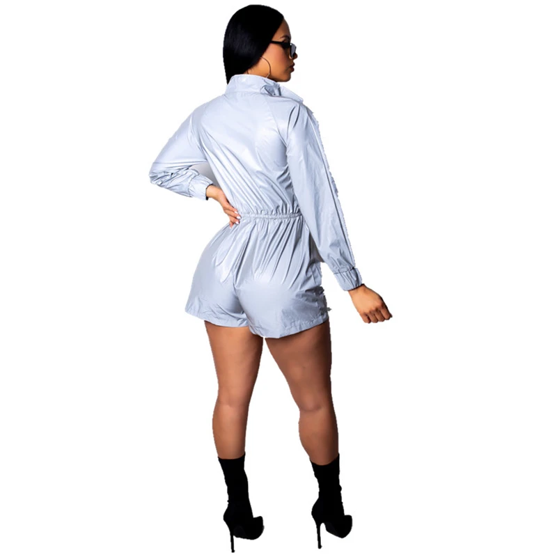 Adogirl Fashion Reflective Jumpsuit Zipper Stand Collar Long Sleeve Shorts Romper Casual Overalls Women Night Version Playsuit |