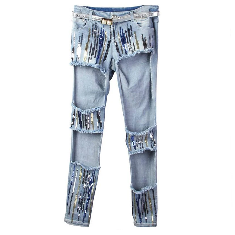 2019 вышивка большое отверстие уличная Личность Модные женские джинсы блестки
